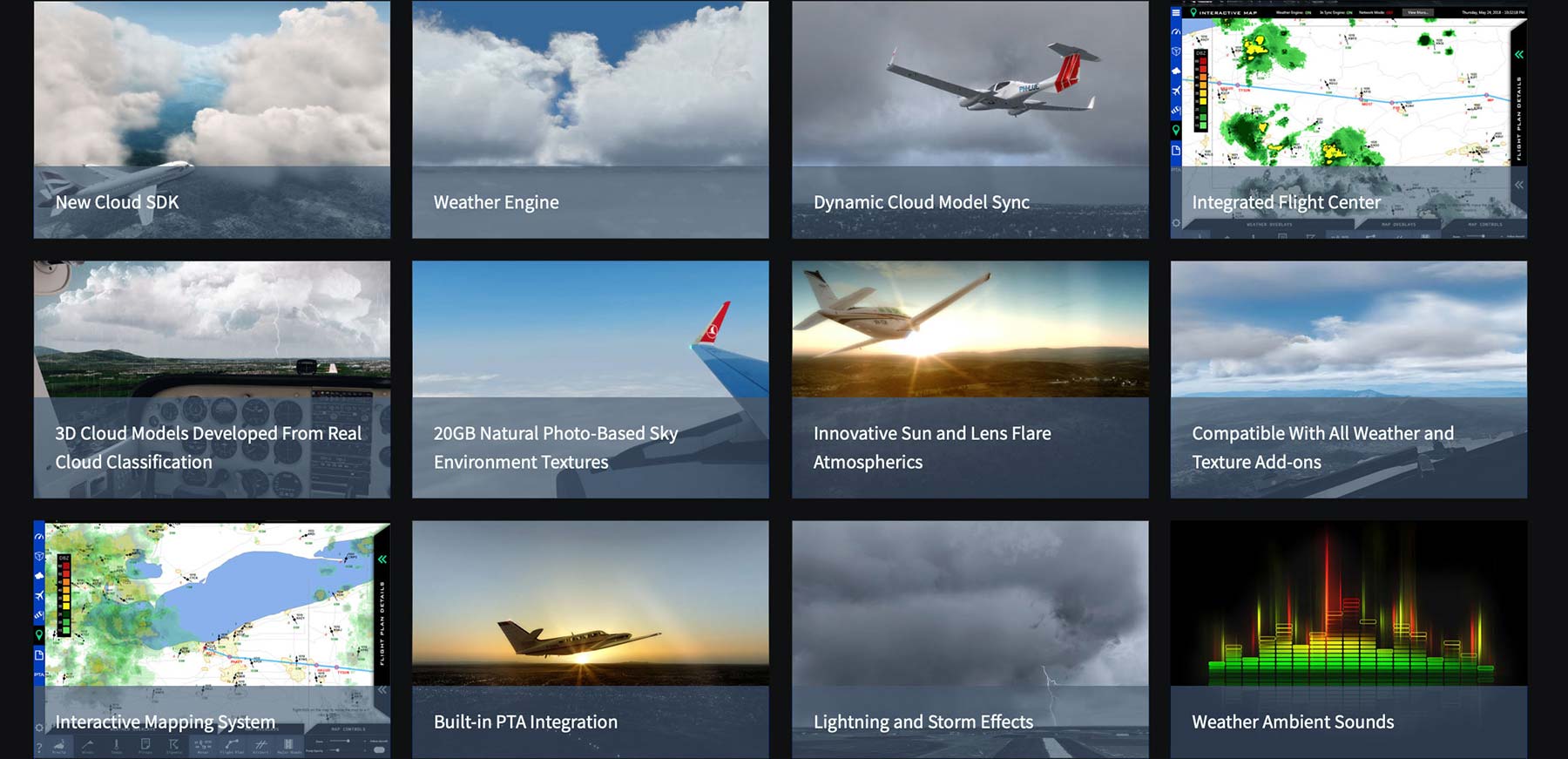Clouds, weather engine, texture sync, flight center, sun add-on, PTA and environment sounds