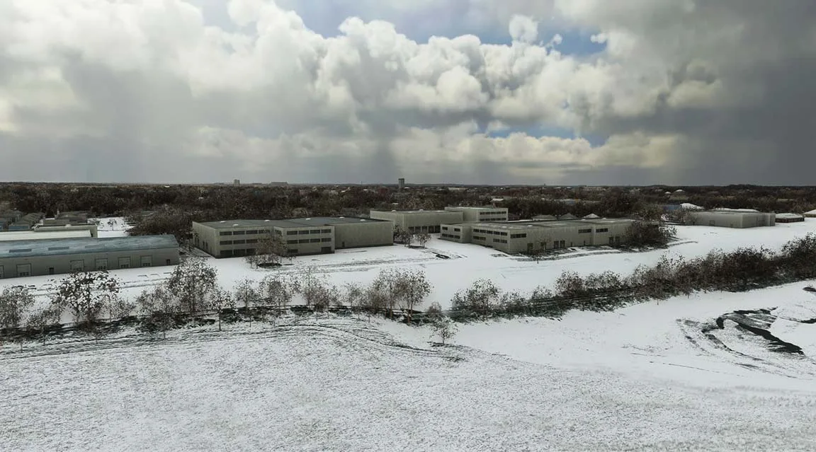Bare winter deciduous trees in a snowy MSFS landscape rendered with AccuSeason