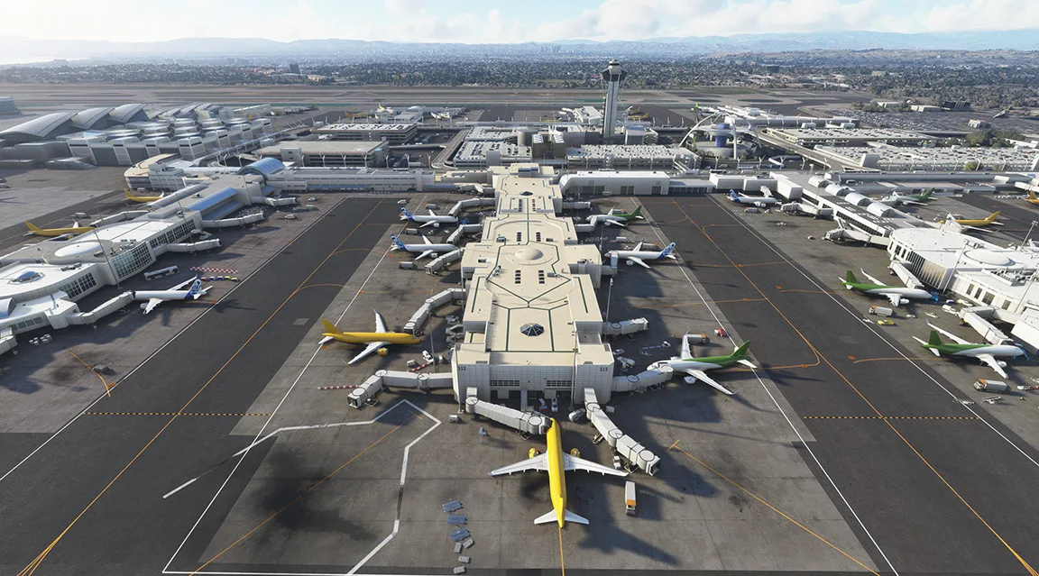 Photo-based PBR airport surfaces across an airfield rendered with REX Real Global Airport Textures in MSFS