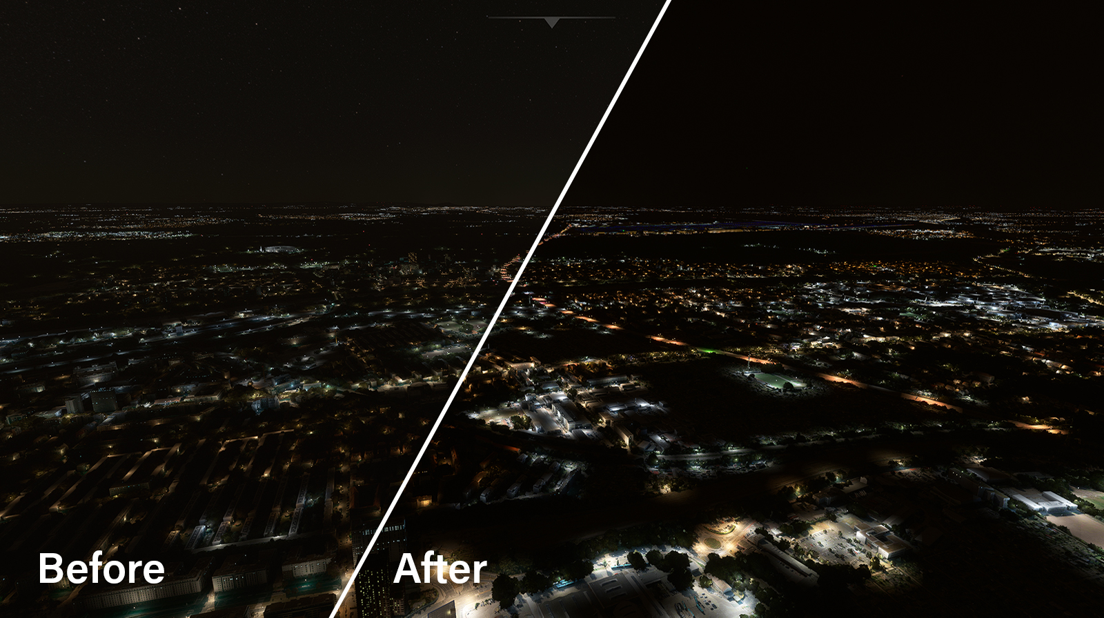 A deeper night sky and a more lifelike city ambiance, achieved through enhanced environmental variables.