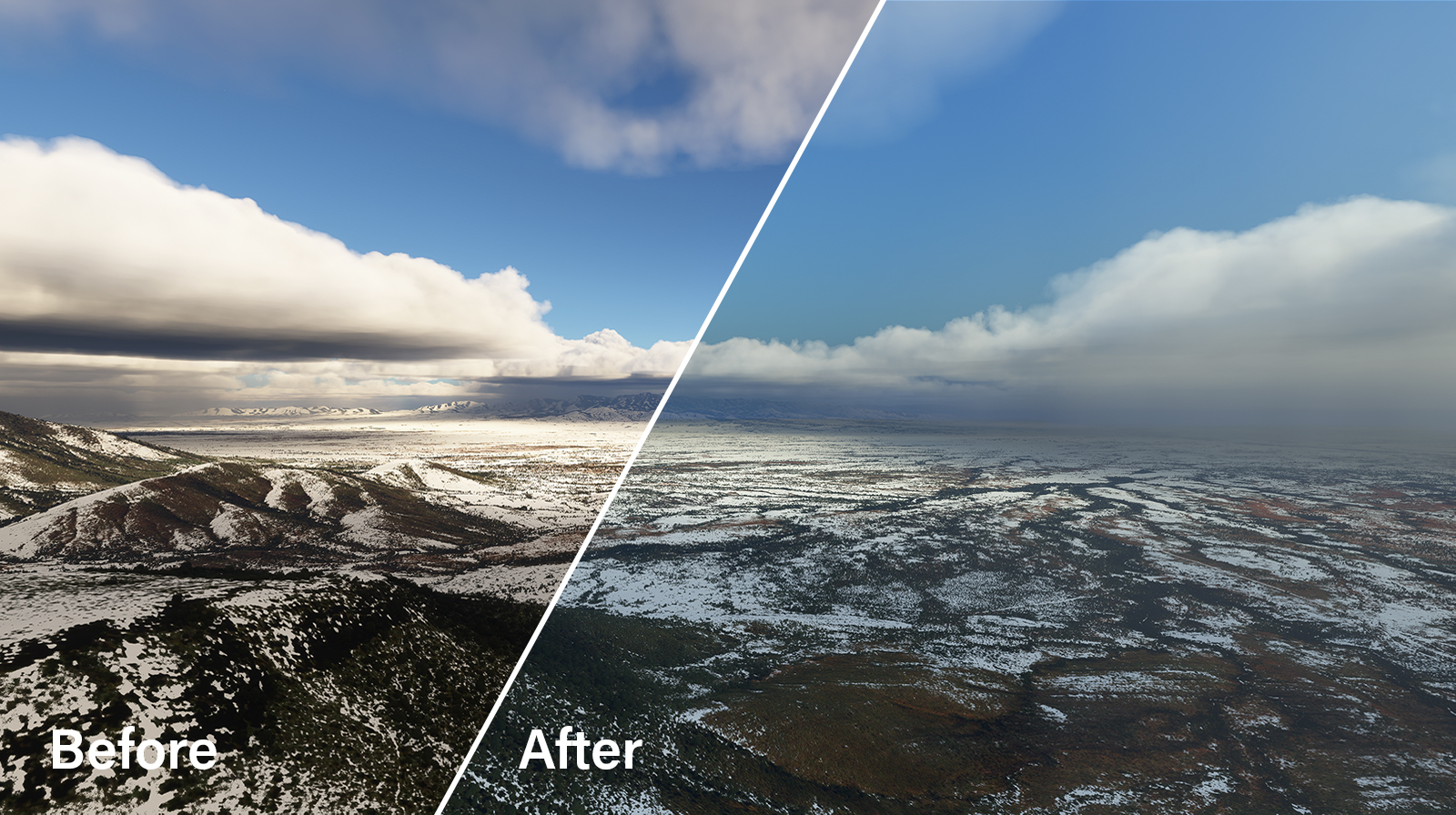 The cloud detail slider can be adjusted from a soft appearance to more defined. Rayleigh scattering and ozone effects have  also been applied, along with modifications to the overall scene tone. All of this in real-time while the sim is running.