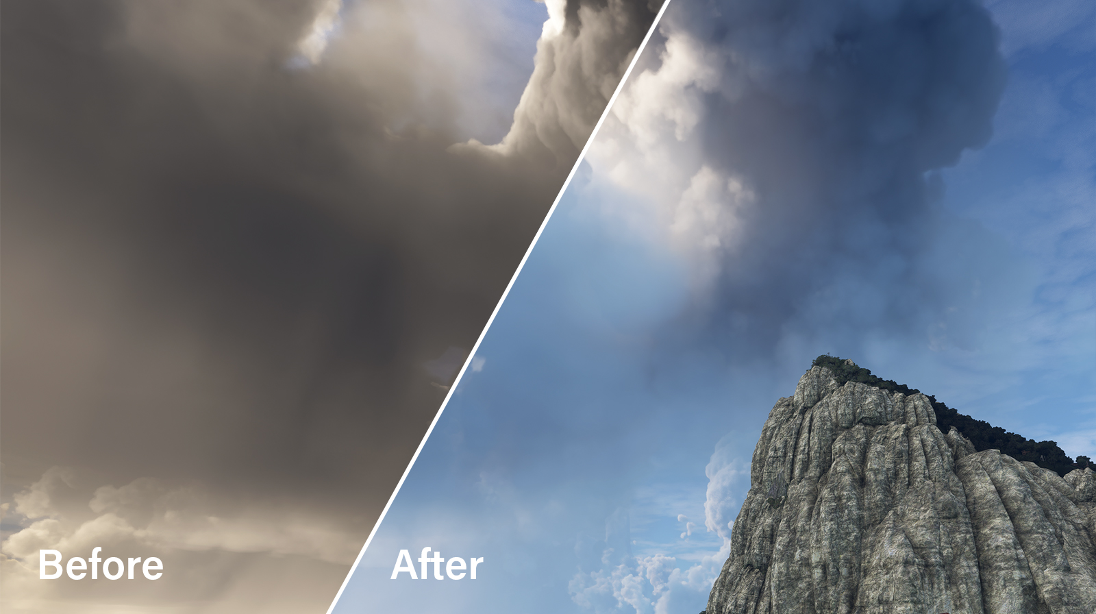 Before & after scene featuring the ash cloud fix from REX Atmos