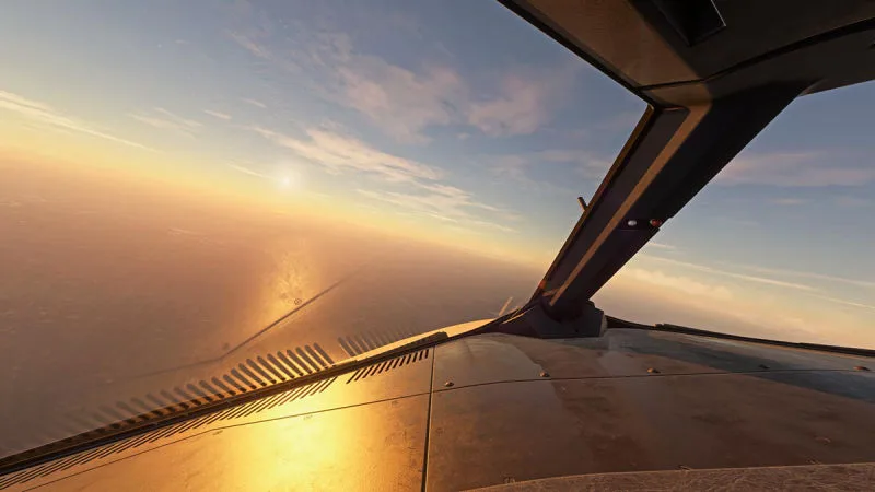 Golden sunset reflecting off the fuselage over the desert, REX Atmos CORE lighting in Microsoft Flight Simulator 2024