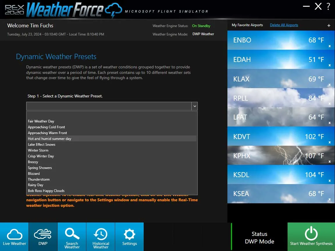REX Weather Force dynamic, evolving weather presets selection