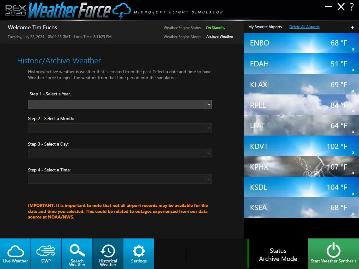 REX Weather Force historic weather archive interface for Microsoft Flight Simulator