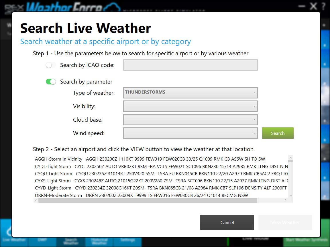 Search weather at a specific airport or by category.