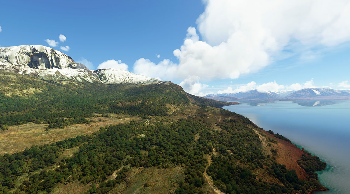 Scenic aerial view of lake and mountains, showcasing natural beauty and tranquility.