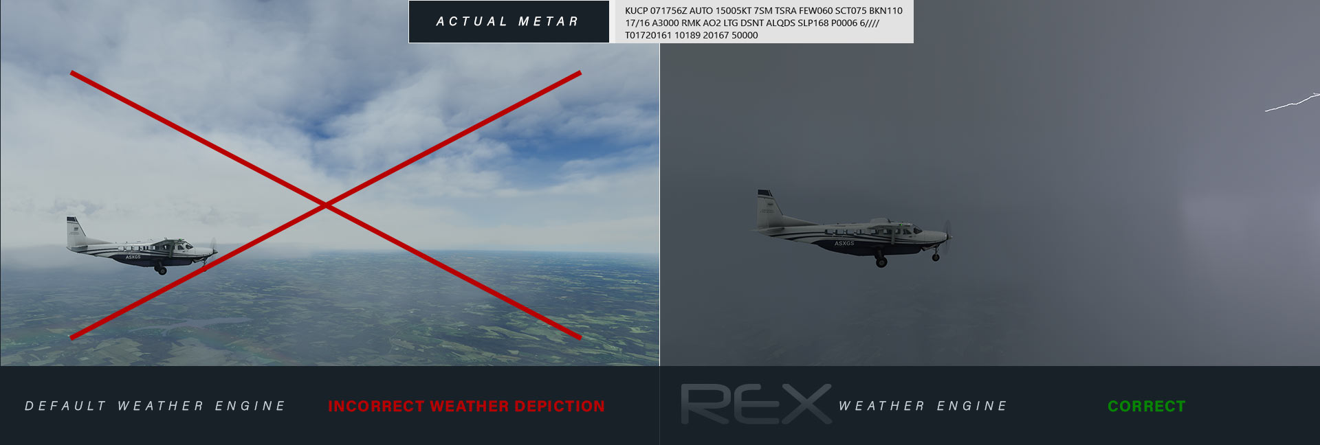 A demonstration of weather from Weather Force vs. Microsoft Flight Simulator.