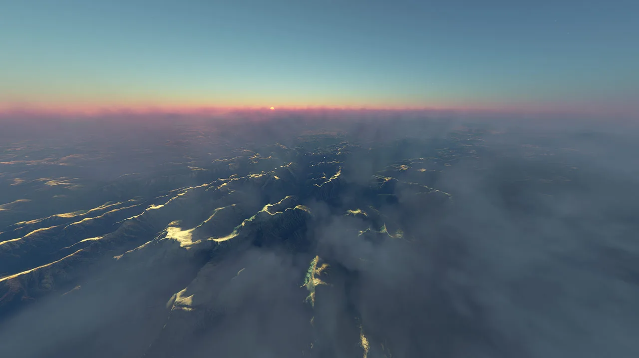 Sunset above mountains and clouds with Atmos Legacy
