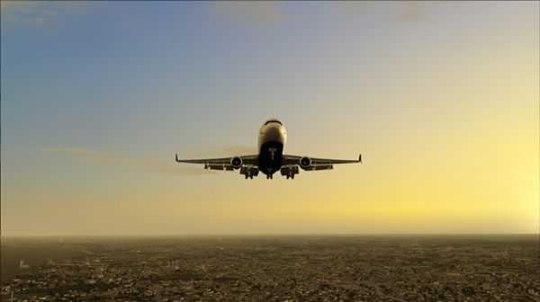 PMDG landing in FSX with REX textures as a backdrop in flight simulator