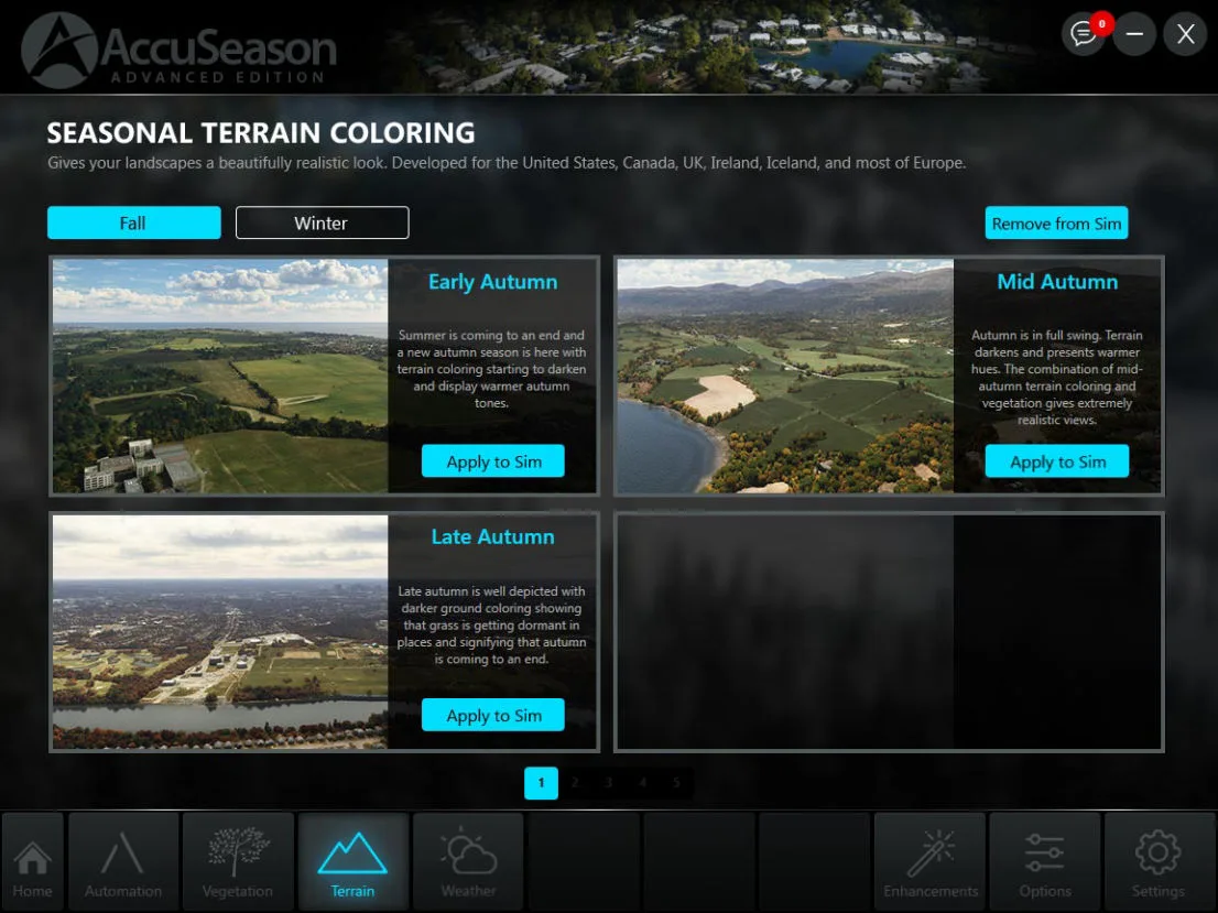 AccuSeason Advanced seasonal terrain coloring blending across regions in MSFS