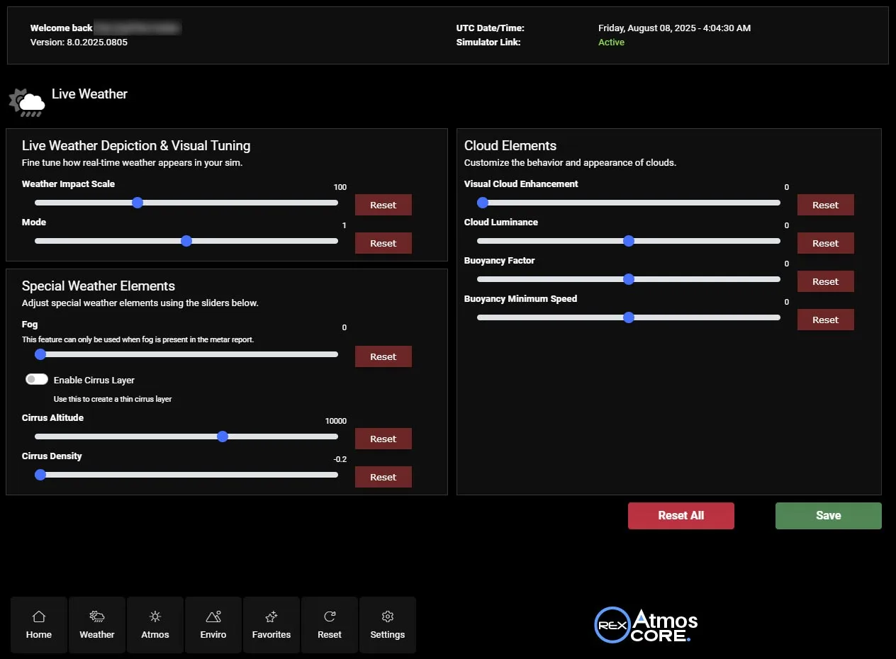 Atmos CORE Live Weather Depiction & Visual Tuning interface