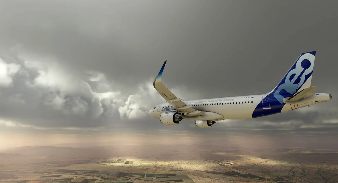 Airliner climbing through a developing storm simulated by REX Weather Force in MSFS